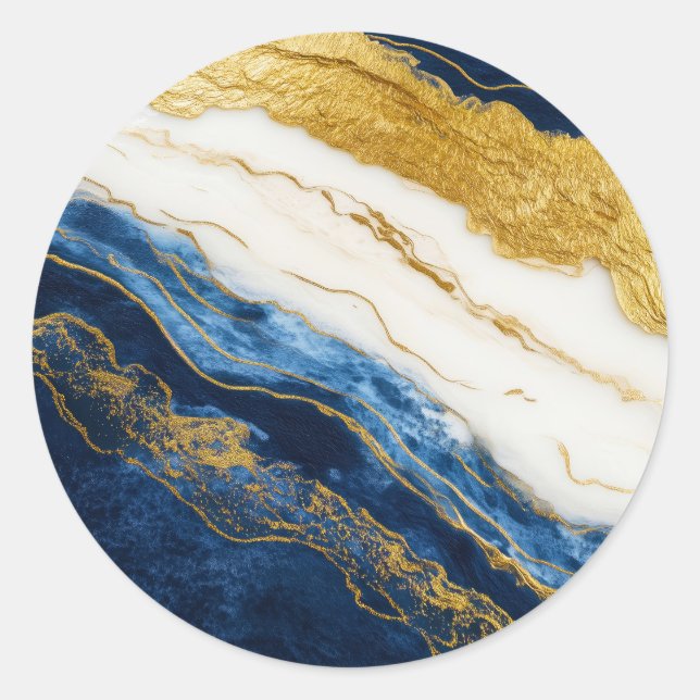 Luxurious Navy Blue & Gold Leaf Marble Classic Round Sticker (Front)