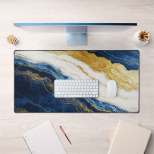 Luxurious Navy Blue & Gold Leaf Marble Desk Mat