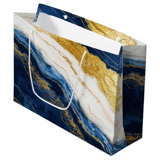 Luxurious Navy Blue & Gold Leaf Marble Large Gift Bag (Front Angled)