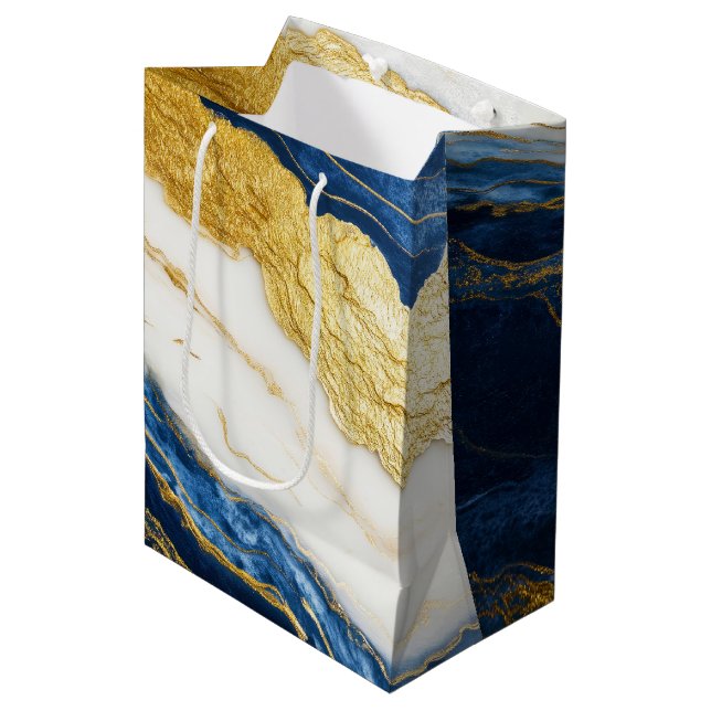 Luxurious Navy Blue & Gold Leaf Marble Medium Gift Bag (Front Angled)
