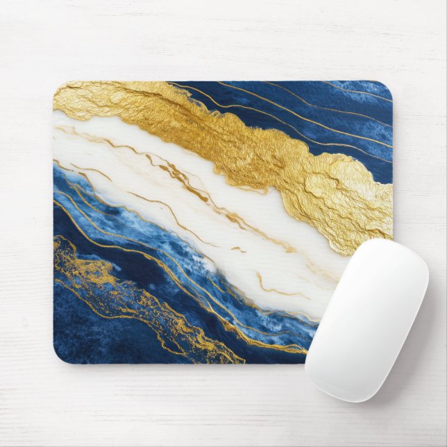 Luxurious Navy Blue & Gold Leaf Marble Mouse Pad (With Mouse)
