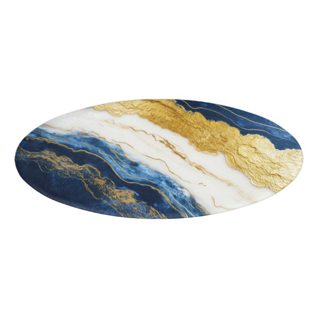 Luxurious Navy Blue & Gold Leaf Marble Name Tag (Front)