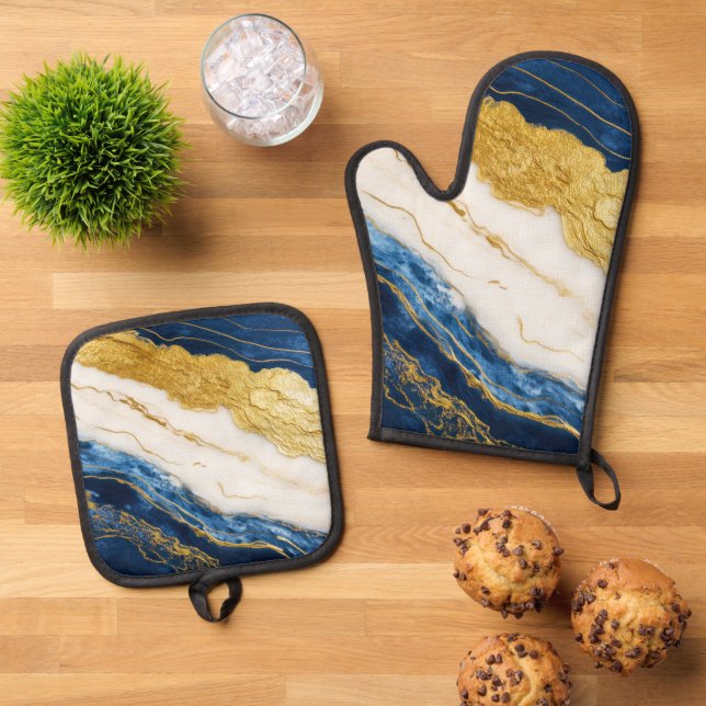 Luxurious Navy Blue & Gold Leaf Marble Oven Mitt & Pot Holder Set (Top Down)