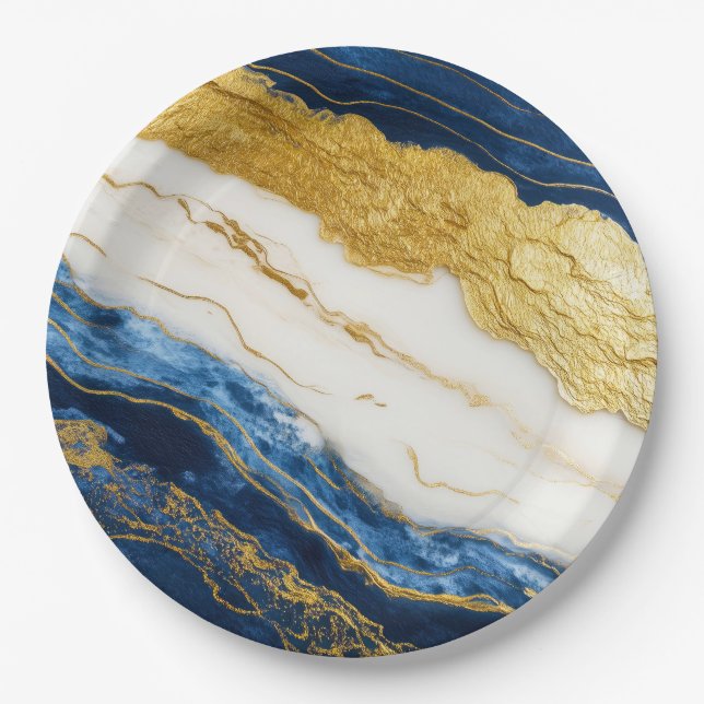 Luxurious Navy Blue & Gold Leaf Marble Paper Plate (Front)
