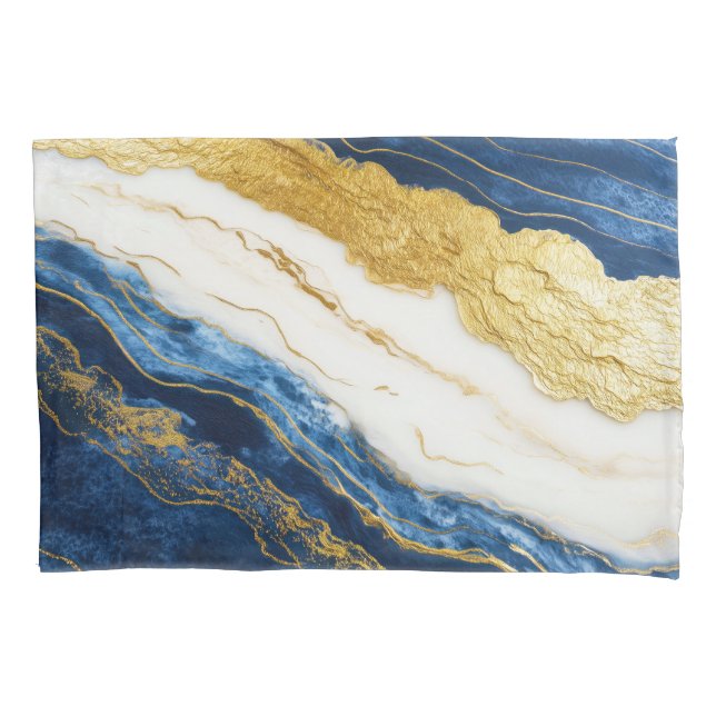 Luxurious Navy Blue & Gold Leaf Marble Pillowcase (Front)