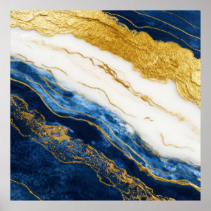 Luxurious Navy Blue & Gold Leaf Marble Poster