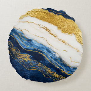 Luxurious Navy Blue & Gold Leaf Marble Round Cushion