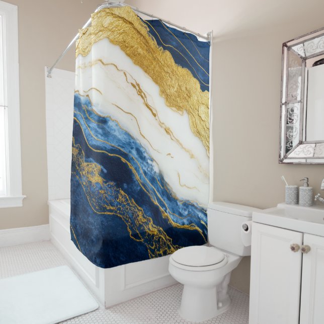 Luxurious Navy Blue & Gold Leaf Marble Shower Curtain (In Situ)