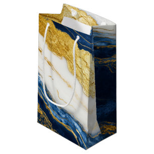 Luxurious Navy Blue & Gold Leaf Marble Small Gift Bag