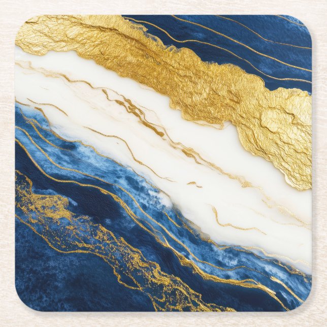 Luxurious Navy Blue & Gold Leaf Marble Square Paper Coaster (Front)