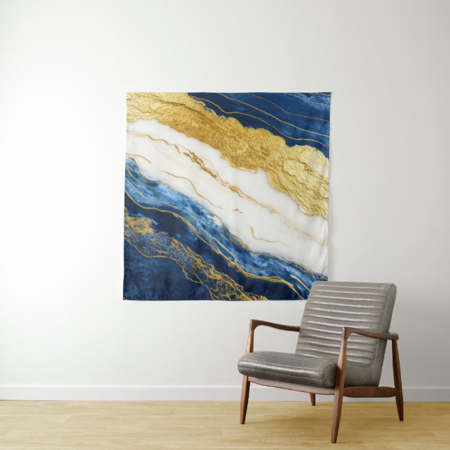 Luxurious Navy Blue & Gold Leaf Marble Tapestry (In Situ)