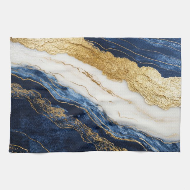 Luxurious Navy Blue & Gold Leaf Marble Tea Towel (Horizontal)