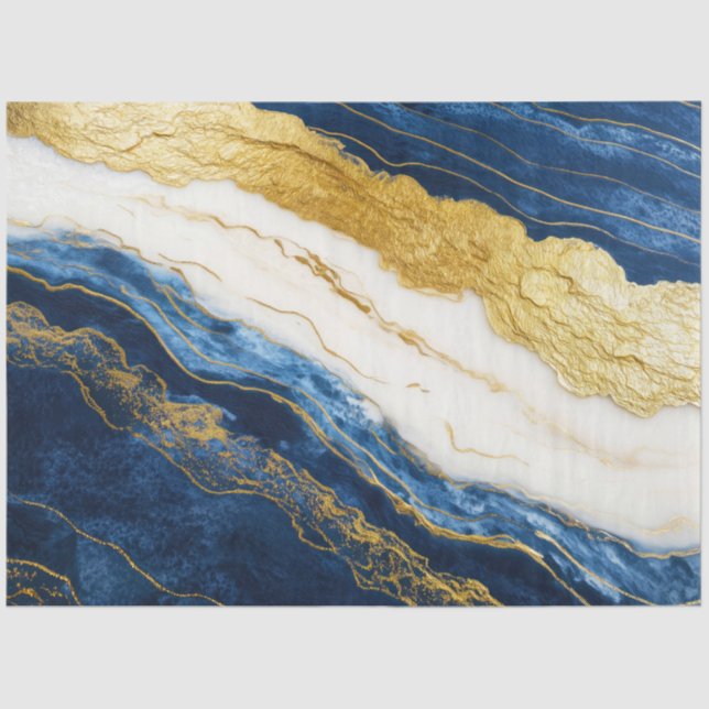 Luxurious Navy Blue & Gold Leaf Marble Tissue Paper (Front)