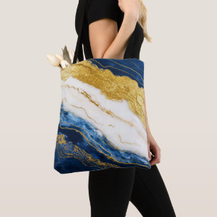Luxurious Navy Blue & Gold Leaf Marble Tote Bag