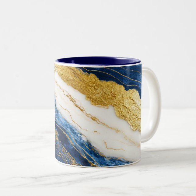 Luxurious Navy Blue & Gold Leaf Marble Two-Tone Coffee Mug (Front Right)