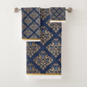 LUXURIOUS NAVY GOLD TRIM HAMPTON TOWEL SET