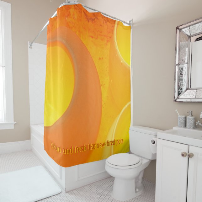 Luxurious oranges and yellows of a cooling kiln shower curtain (In Situ)