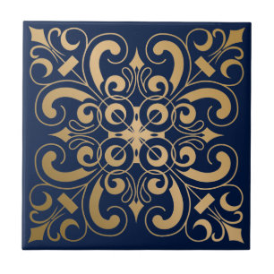 Luxurious Ornate Gold Navy Ceramic Tile