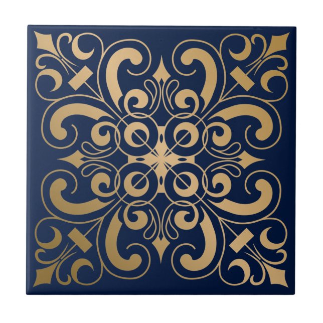 Luxurious Ornate Gold Navy Ceramic Tile (Front)