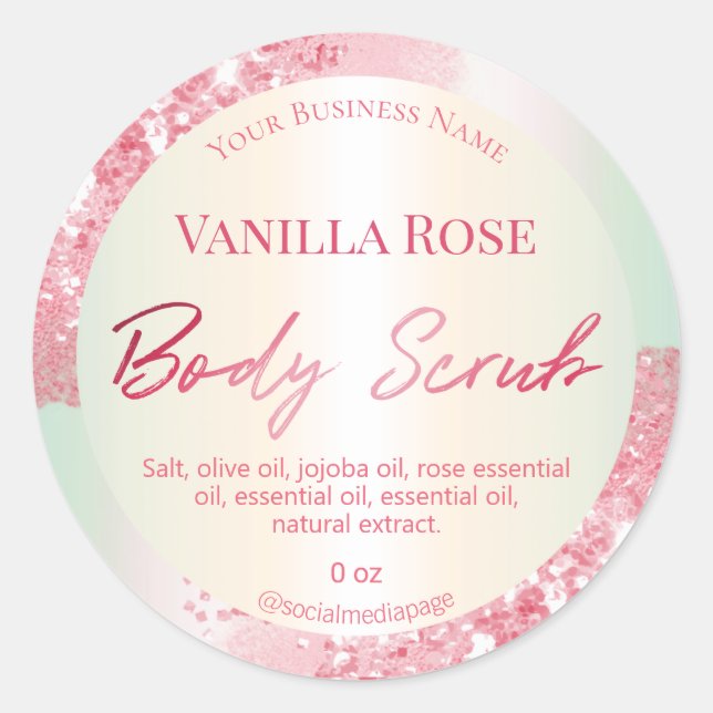 Luxurious Pastel Pink Glitter Body Scrub Labels (Front)