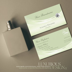 Luxurious Pastel Sage Green with Logo and Diamond Business Card