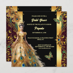 Luxurious peacock ballgown feather gold black chic holiday card