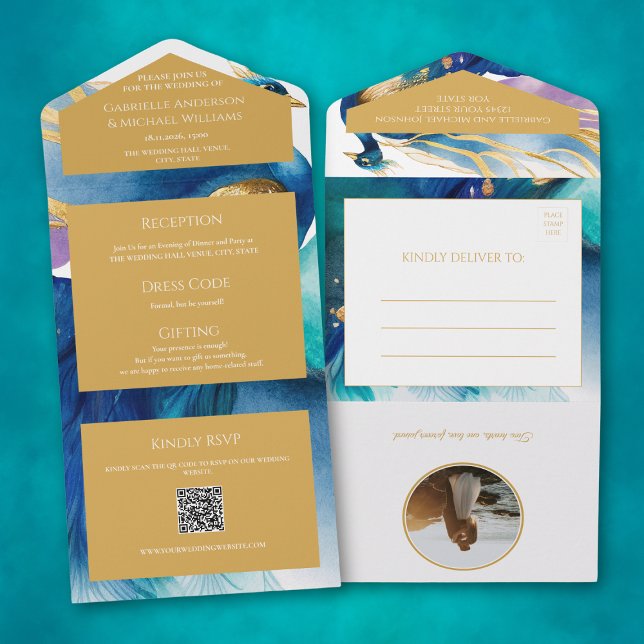 Luxurious Peacock Blue QR code photo Wedding  All All In One Invitation (Creator Uploaded)