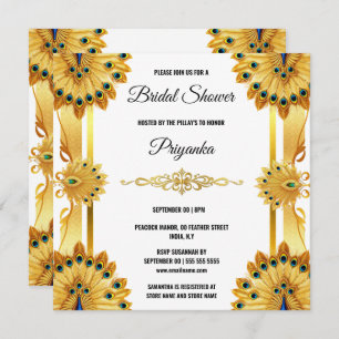 Luxurious peacock feather fan gold white elegant holiday card