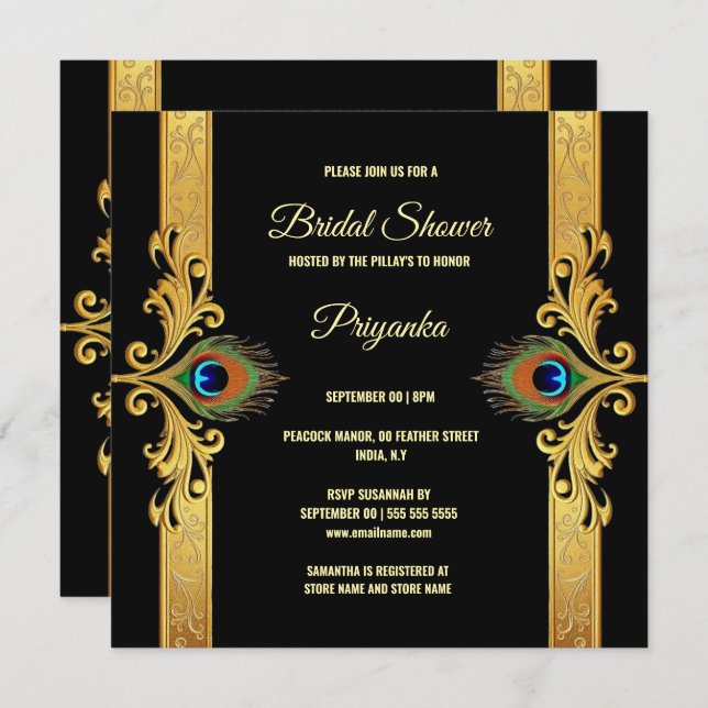 Luxurious peacock feather frame gold black elegant holiday card (Front/Back)