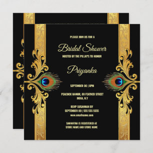 Luxurious peacock feather frame gold black elegant holiday card