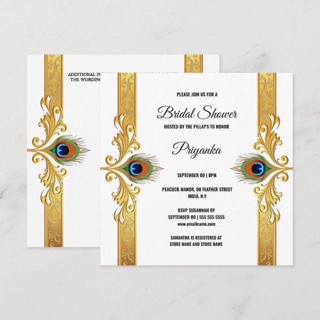 Luxurious peacock feather frame gold white elegant holiday card (Front/Back)