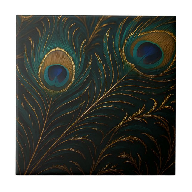 Luxurious Peacock Feathers Golden Teal Pattern Ceramic Tile (Front)