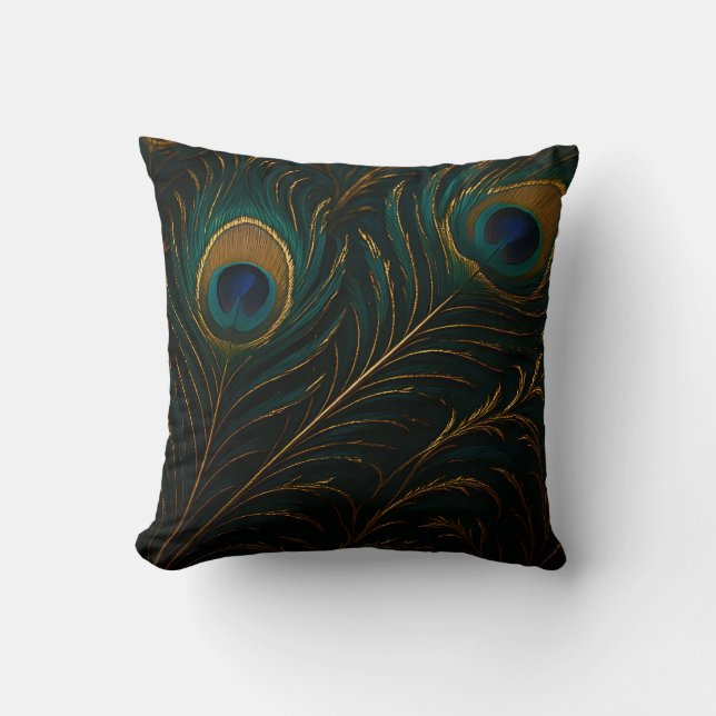 Luxurious Peacock Feathers Golden Teal Pattern Cushion (Front)