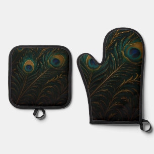Luxurious Peacock Feathers Golden Teal Pattern Oven Mitt & Pot Holder Set