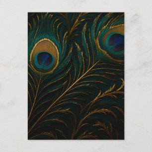 Luxurious Peacock Feathers Golden Teal Pattern Postcard