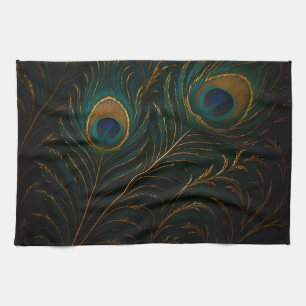 Luxurious Peacock Feathers Golden Teal Pattern Tea Towel