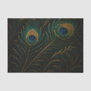 Luxurious Peacock Feathers Golden Teal Pattern Tissue Paper