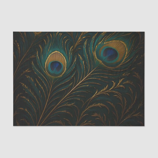 Luxurious Peacock Feathers Golden Teal Pattern Tissue Paper (Front)