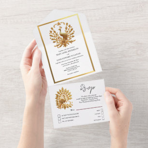 Luxurious peacock gold white elegant bird Indian All In One Invitation