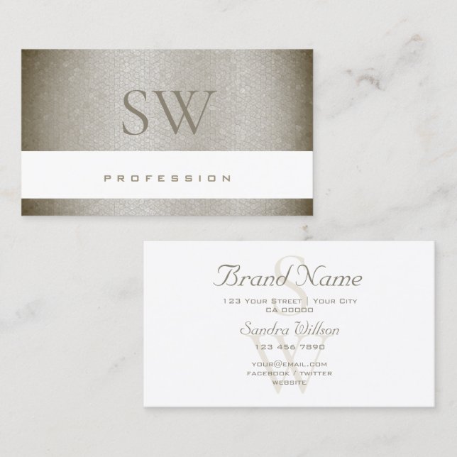 Luxurious Pearly Grey Snake Pattern with Monogram Business Card (Front/Back)