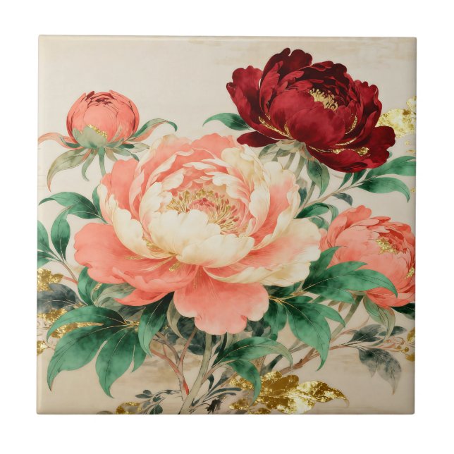 Luxurious Peony Floral Bouquet Ceramic Tile (Front)