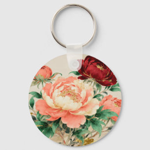 Luxurious Peony Floral Bouquet Key Ring