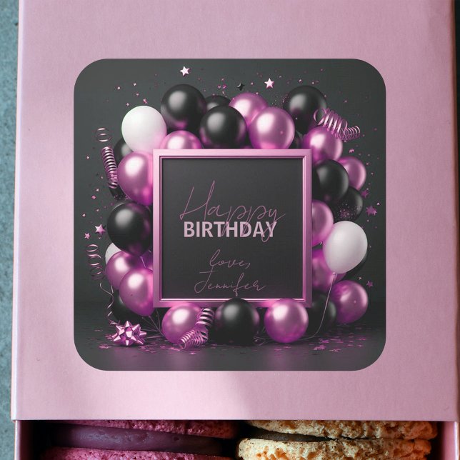 Luxurious Pink Black Balloons Confetti Birthday  Square Sticker (Creator Uploaded)