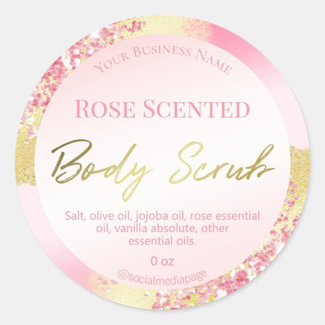 Luxurious Pink Glitter Gold Ink Body Scrub Labels (Front)