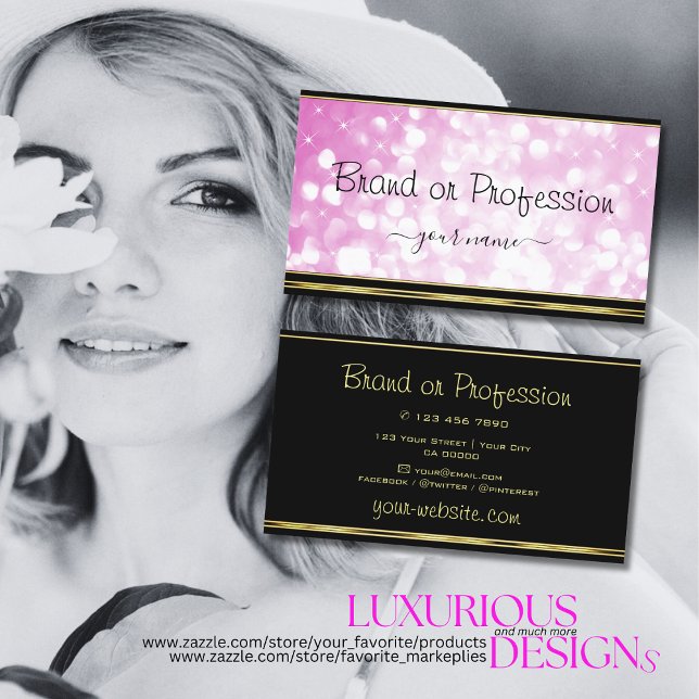 Luxurious Pink Glitter Stars Black and Gold Border Business Card (Creator Uploaded)