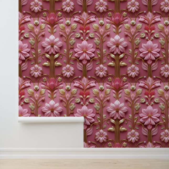 Luxurious Pink Gold Floral Removable Wallpaper (Application)