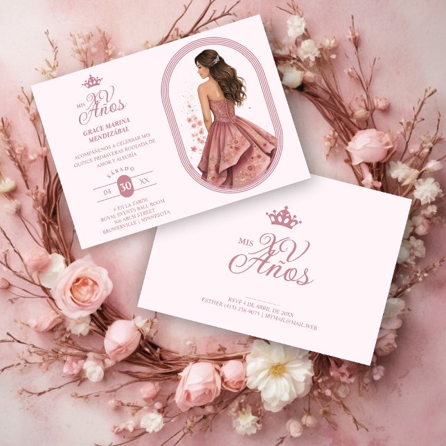 Luxurious Pink Oval Frame Charming Quinceañera Invitation (Spanish Luxurious Pink Oval Frame Charming Quinceañera Doll Illustration in Pink Shades Invitation.)