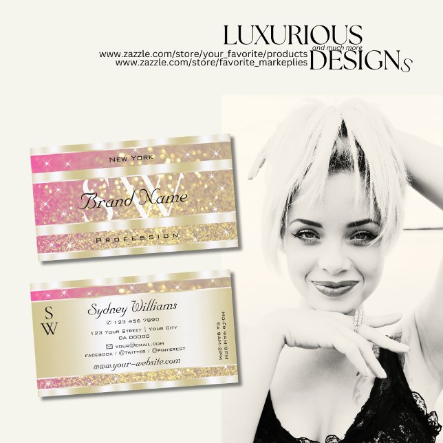 Luxurious Pink Purple Gold Glitter Stars Initials Business Card (Creator Uploaded)