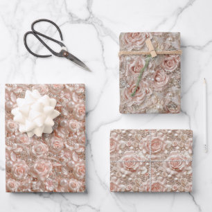 Luxurious Pink Roses and Pearls 2D Pattern Wrapping Paper Sheet