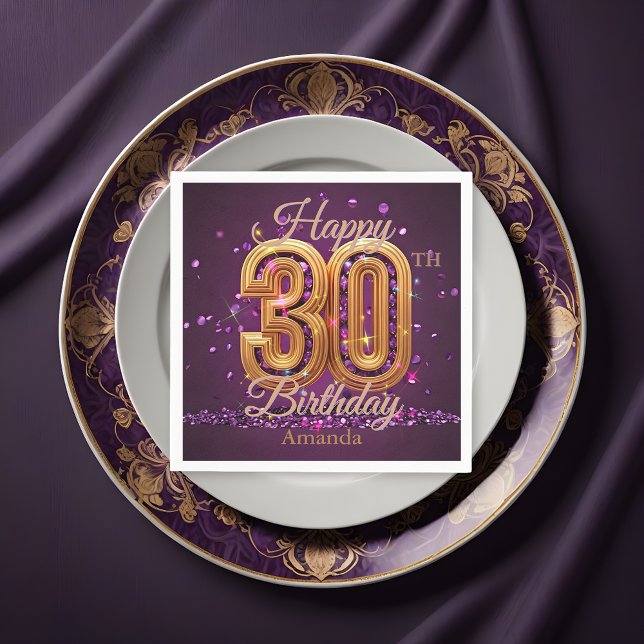 Luxurious Purple and Gold Gemstone 30th Birthday Napkin (Creator Uploaded)